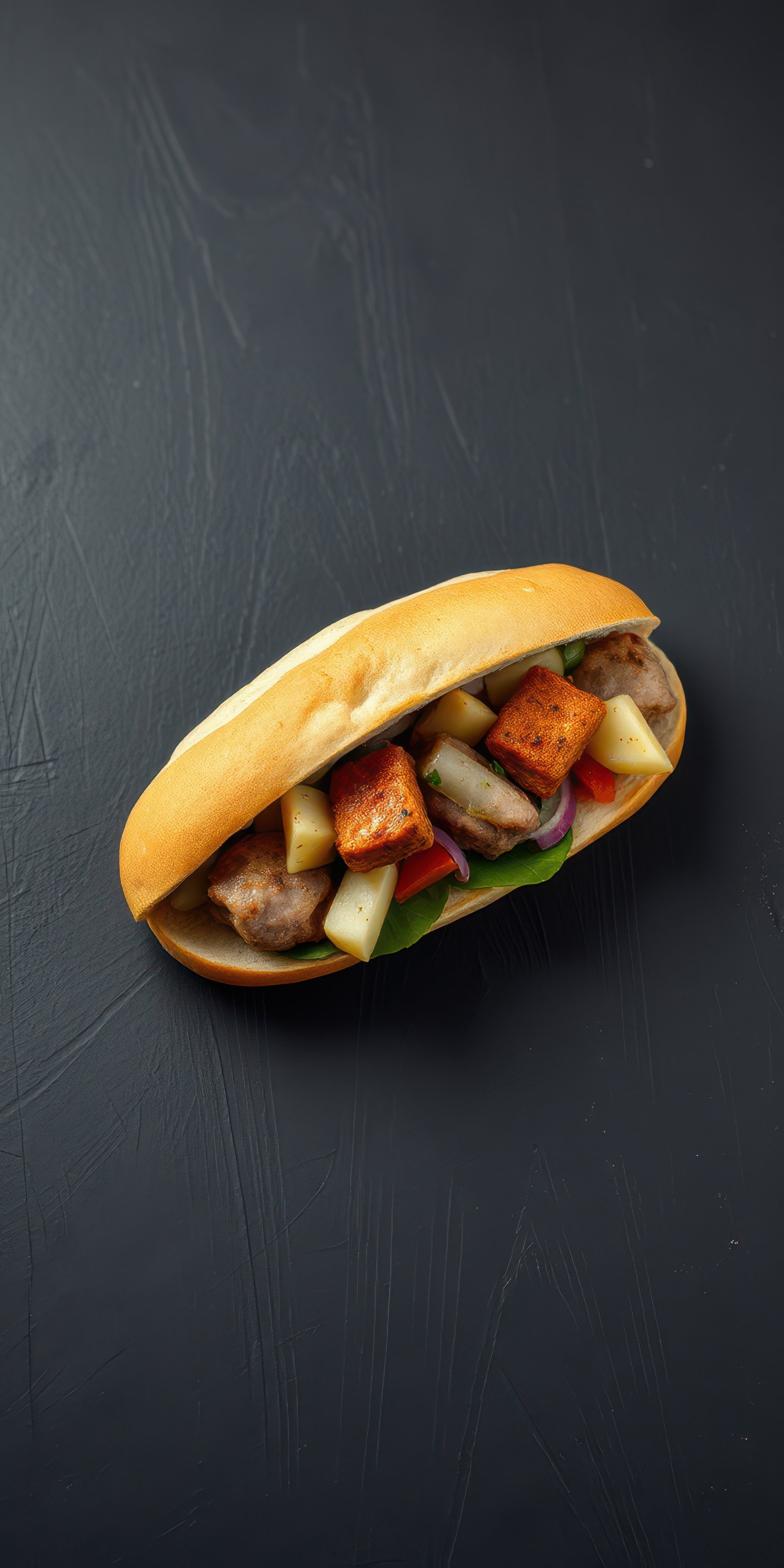 Delicious sandwich filled with grilled ingredients and vegetables served on a rustic table